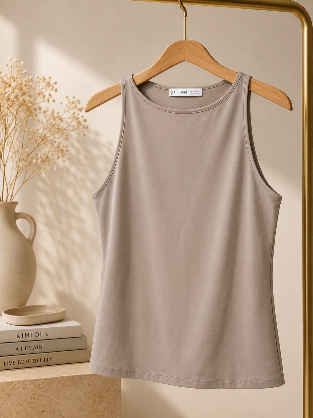 Mango Neutral women Scoop Neck Tank Top — Taupe Beige, new without tags